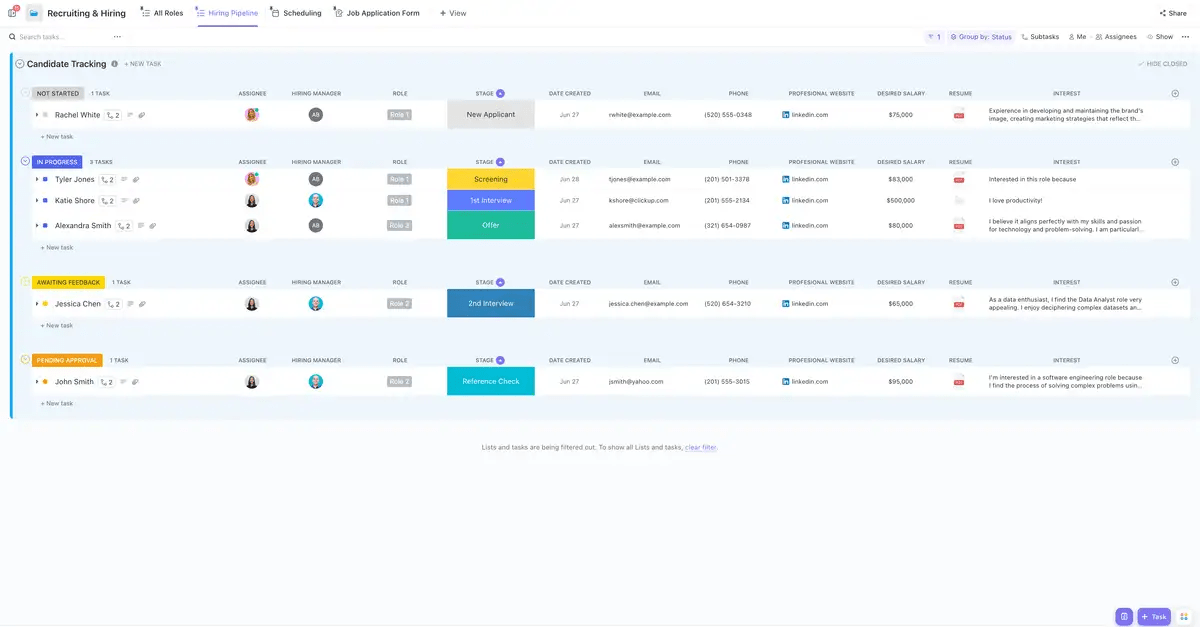 Semplificate l'intero processo di reclutamento e assunzione della vostra organizzazione in un unico posto con il modello di reclutamento e assunzione di ClickUp