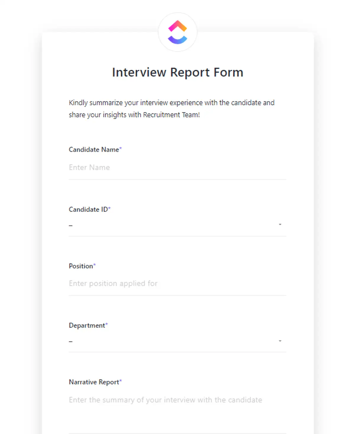 Behalten Sie den Überblick über Ihre Bewerber, organisieren und planen Sie Vorstellungsgespräche mit Leichtigkeit und erstellen Sie schnelles Feedback mit ClickUp Interview Management and Report Template