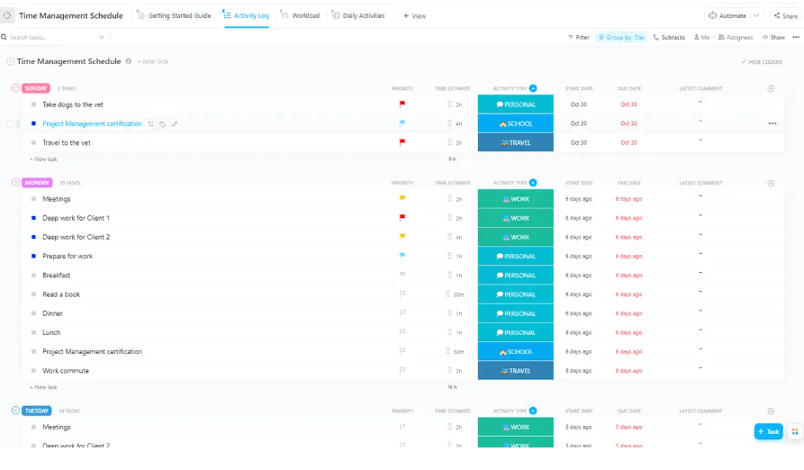 Assurez-vous que vos projets avancent dans les délais et dans le respect du budget grâce au modèle de calendrier de gestion du temps de ClickUp