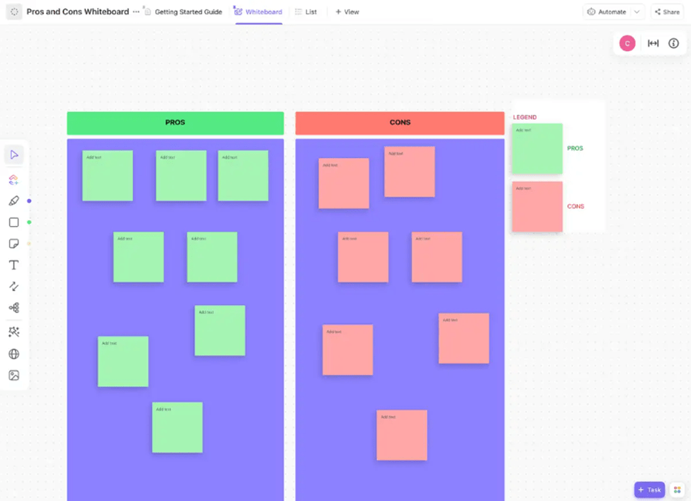 Boost your brainstorming using the ClickUp Pros and Cons Whiteboard Template