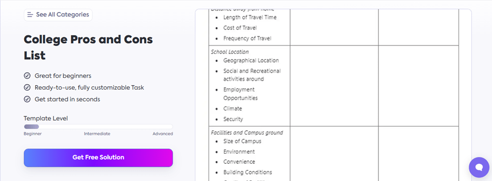 Choisissez l'établissement qui vous convient le mieux à l'aide du modèle de liste des avantages et inconvénients de ClickUp College