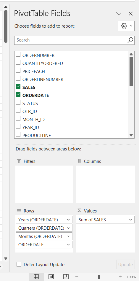 Felder der Pivottabelle