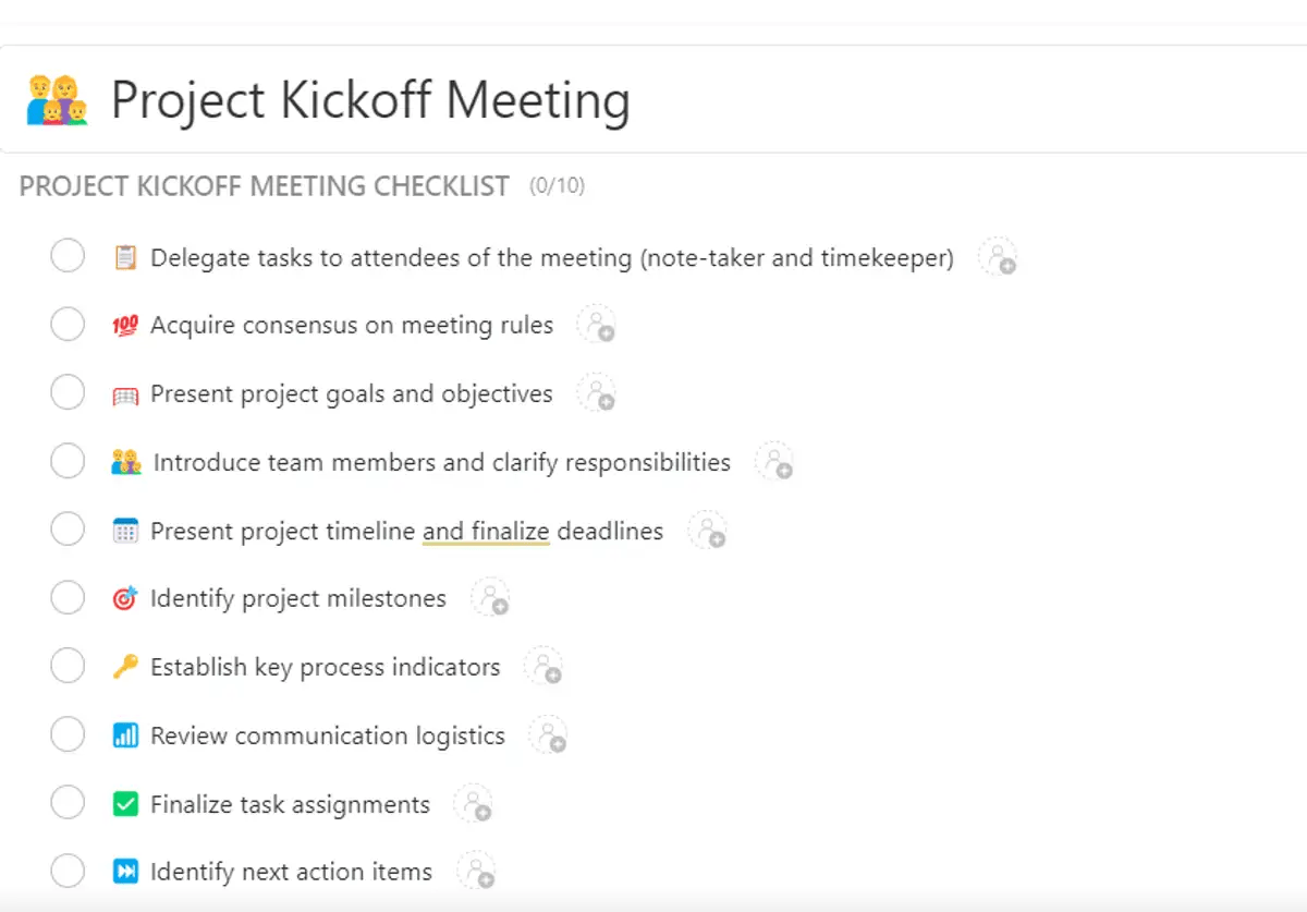 Develop a detailed plan for your kickoff meetings with ClickUp’s Project Kickoff Meeting Template