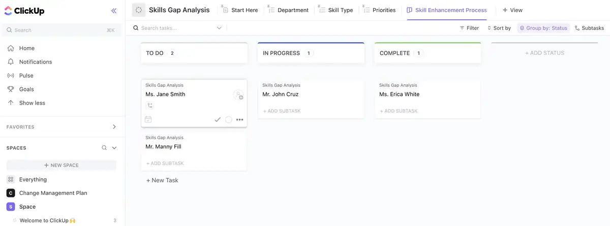 Get an overall picture of your team’s technical shortcomings with ClickUp’s Skills Gap Analysis Template