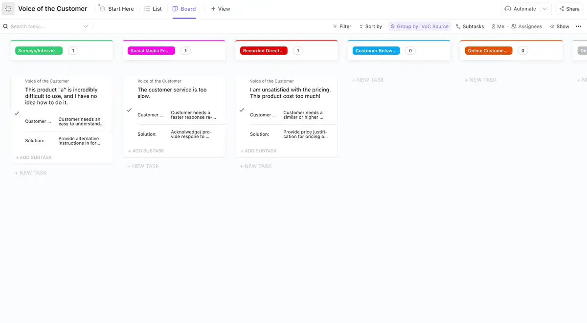 Schaffen Sie erfolgreiche Kundenerlebnisse durch das Sammeln und Analysieren von Kundenfeedback in Echtzeit mit ClickUp Voice of the Customer Template