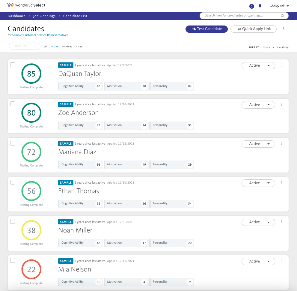 Ferramenta de avaliação de recrutamento Wonderlic