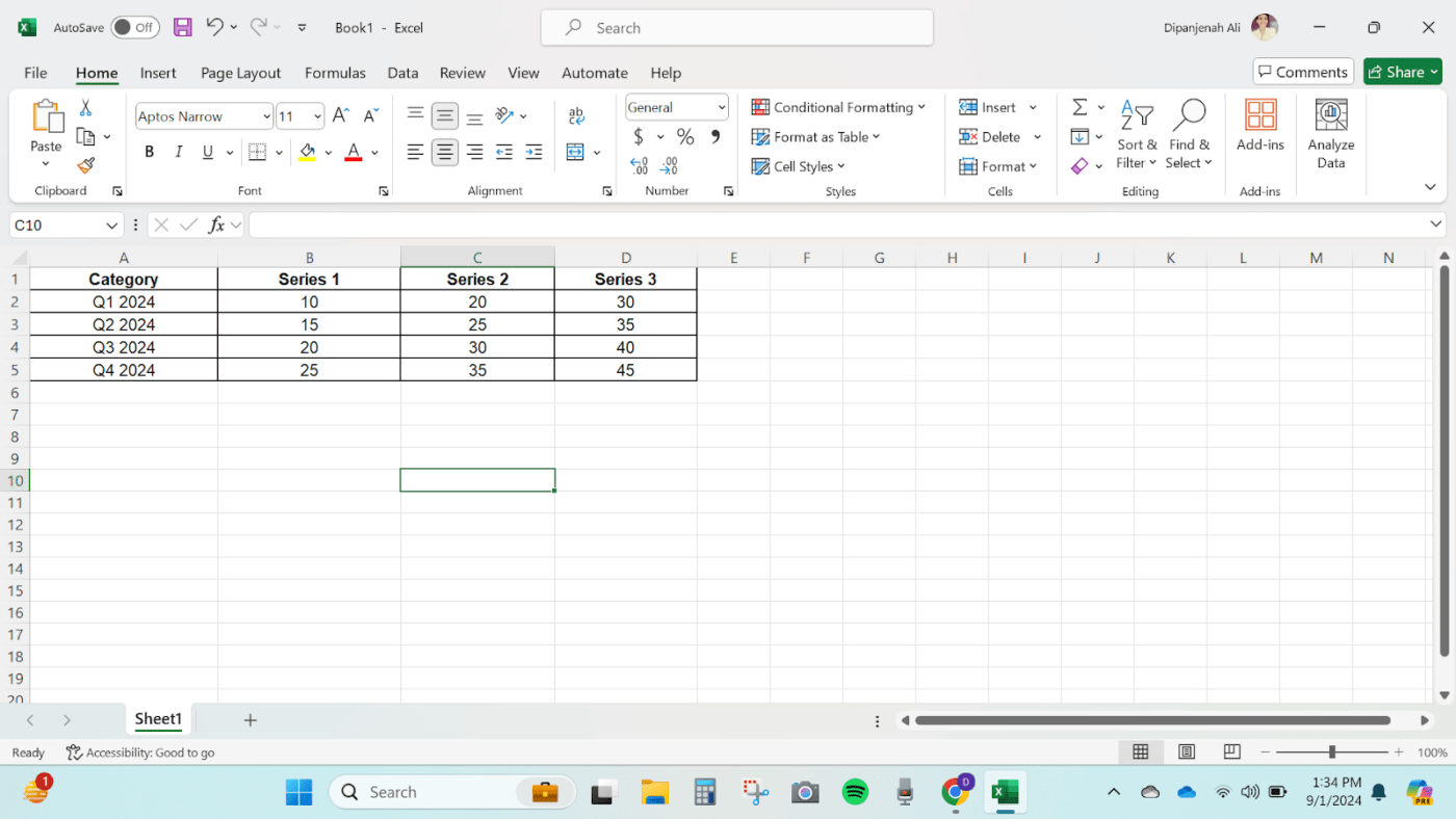 Tambahkan data di Microsoft Excel untuk mempelajari cara menambahkan diagram batang bertumpuk di Excel