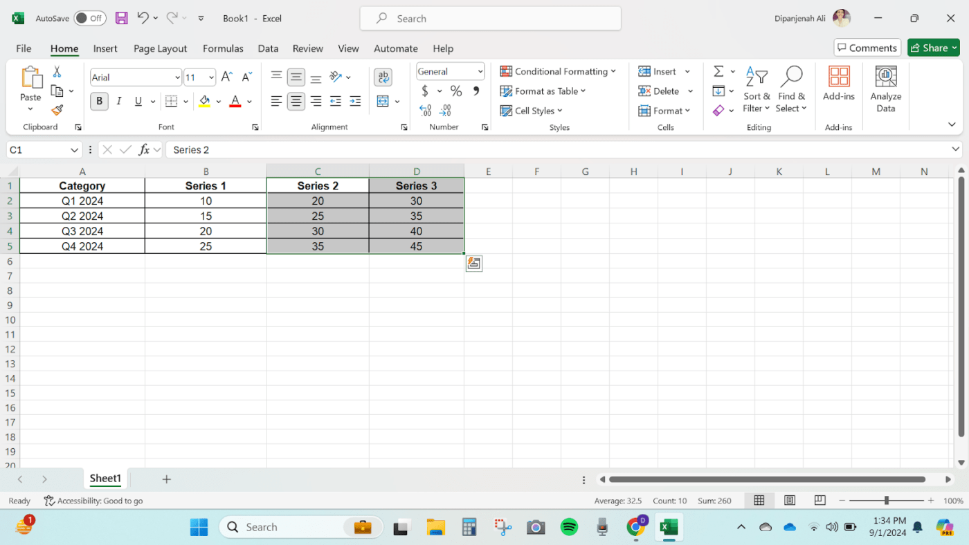 come aggiungere un grafico a barre impilate in Excel - Selezione dei dati in Excel