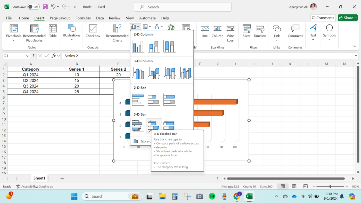 hinzufügen eines gestapelten Balkendiagramms in Excel - Einfügen eines gestapelten Balkendiagramms