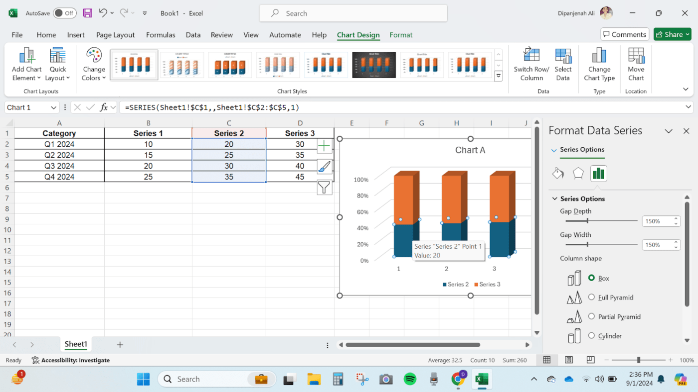 como adicionar um gráfico de barras empilhadas no Excel - Ajustar a série de dados e o layout