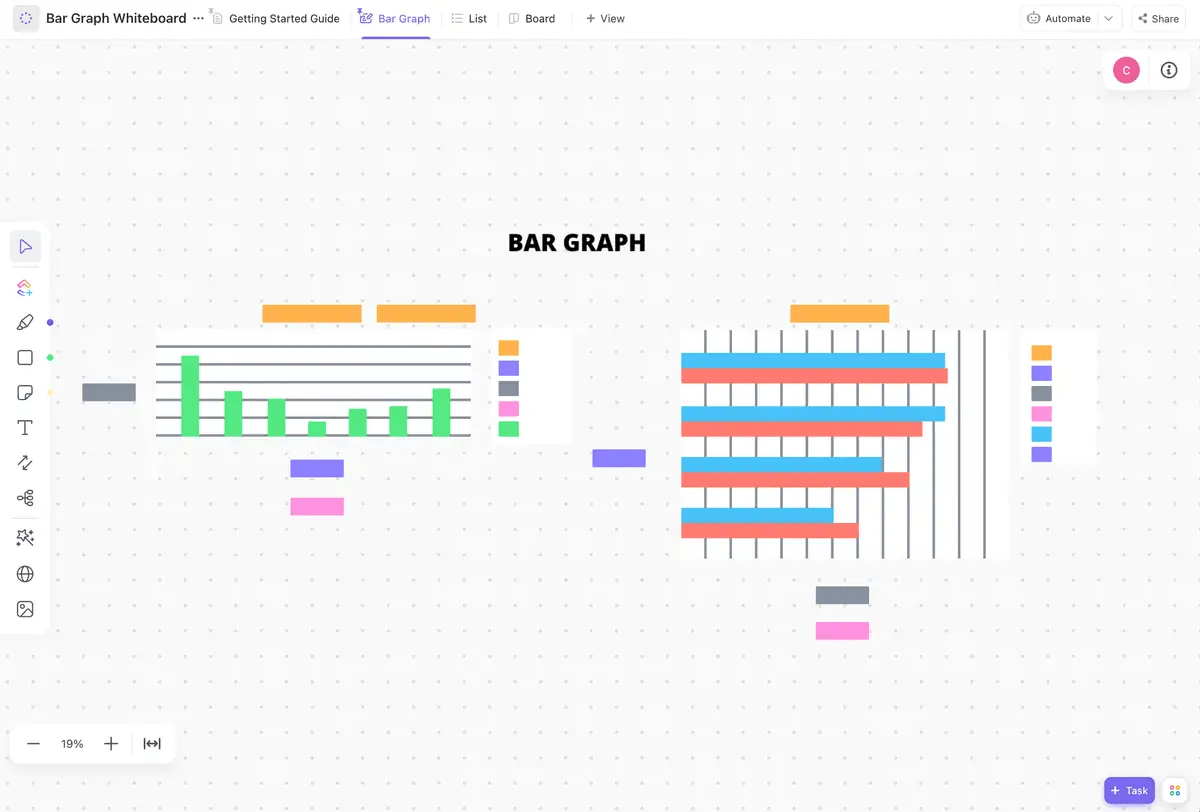 Crie rapidamente gráficos de barras em quadros brancos com o modelo ClickUp Bar Graph Whiteboard Template