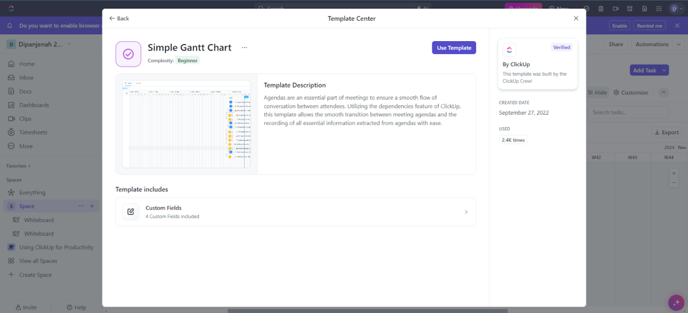 Gantt Template button