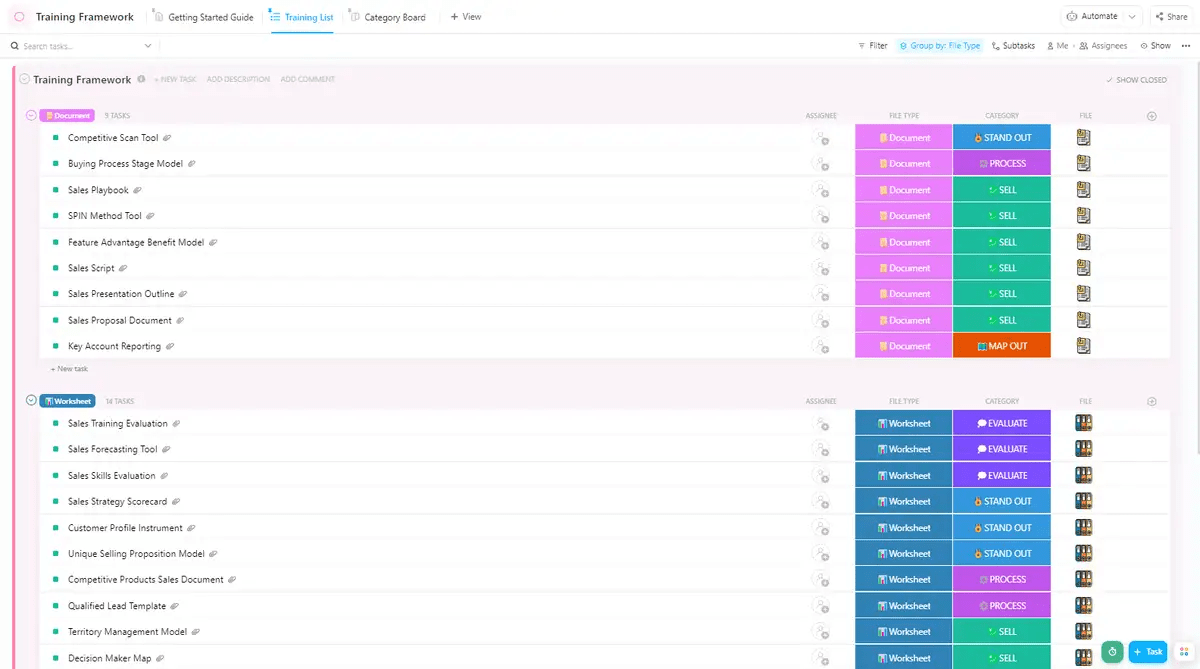 Il modello Training Framework di ClickUp è stato progettato per aiutarvi a catturare le idee, gestire le modifiche al progetto e monitorare lo stato di avanzamento.   