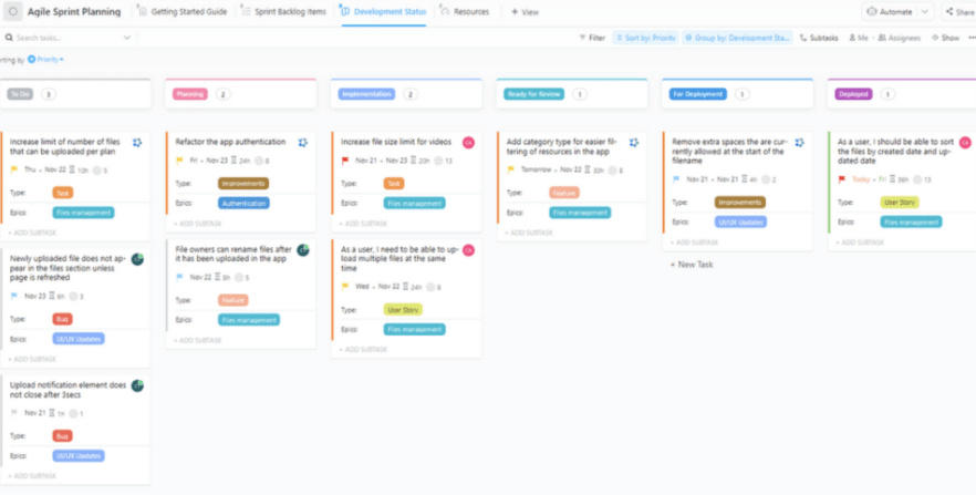 Rencanakan, lacak kemajuan, dan kelola sumber daya selama Perencanaan Sprint dengan Templat Perencanaan Sprint Agile dari ClickUp