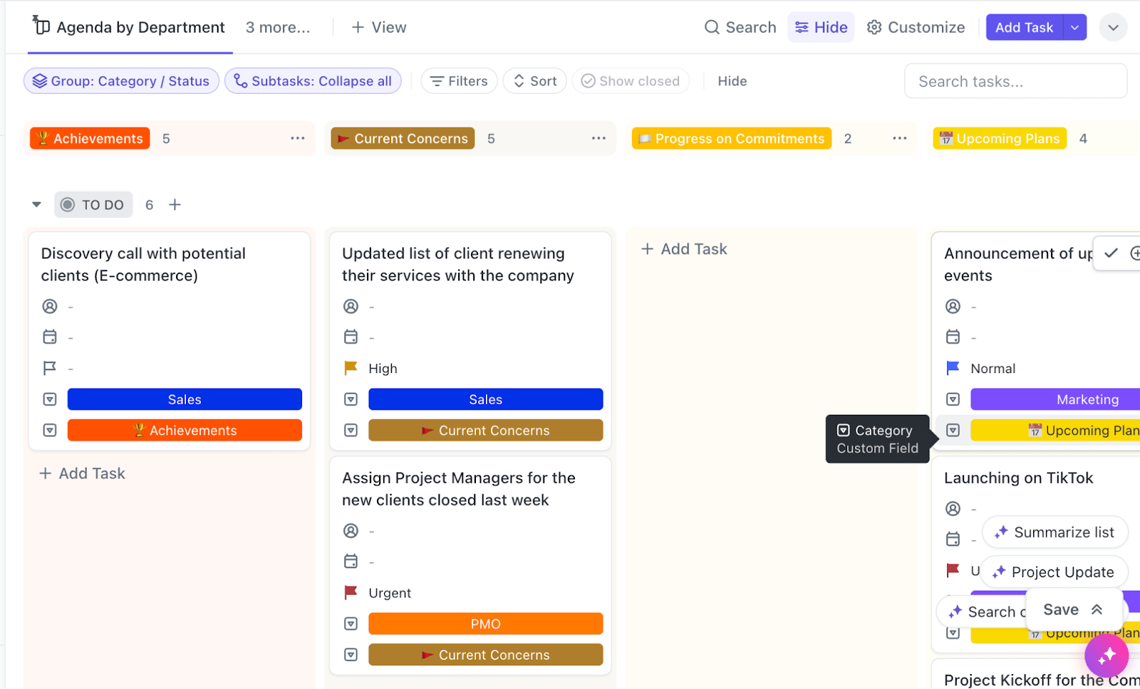 Verschaffen Sie sich einen abteilungs- oder subteambezogenen Überblick über Ziele und Projekte mit der ClickUp Vorlage für einen Team Management Plan