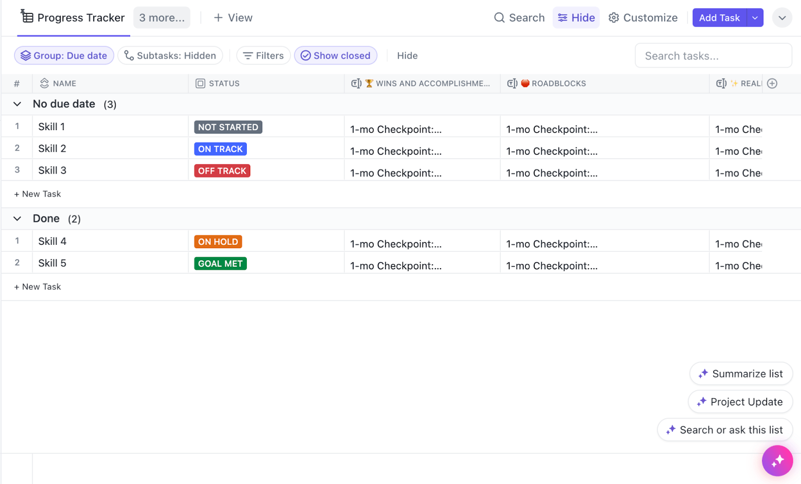 Divida suas tarefas de desenvolvimento de liderança em pequenas tarefas e monitore seu progresso com o modelo de plano de desenvolvimento pessoal do ClickUp