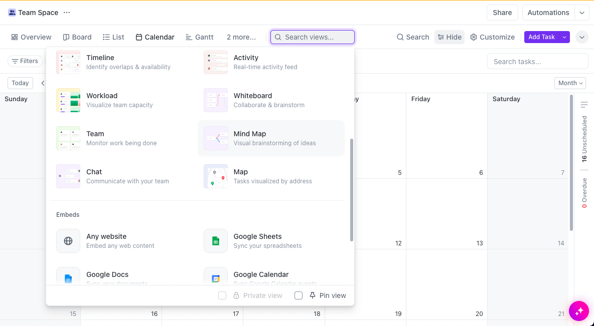 Mindmap optie in ClickUp