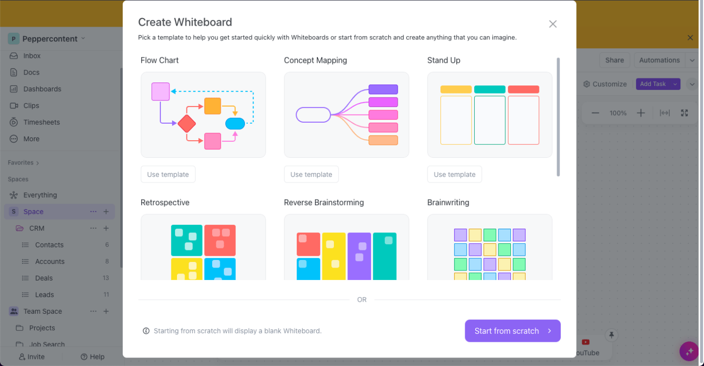 Blank whiteboard in ClickUp