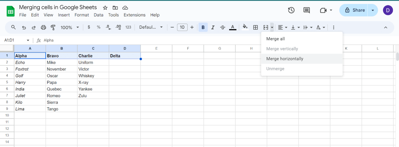 Merge cells horizontally