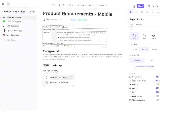 Lista de verificação de desenvolvimento de produtos da plataforma de gerenciamento de produtos ClickUp