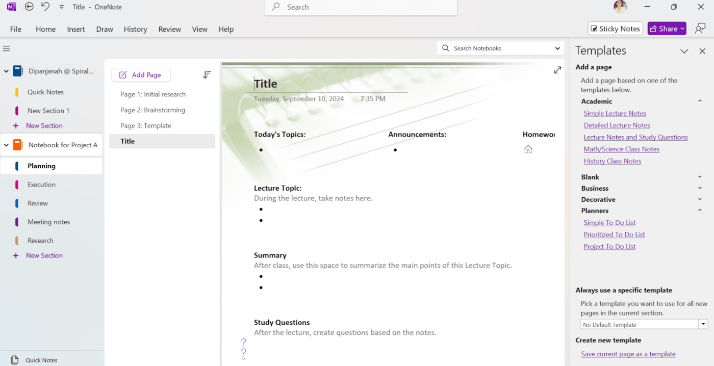 Come organizzare OneNote - Modifica del modello