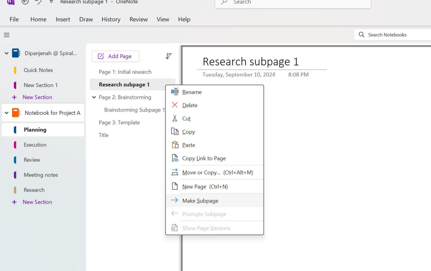 OneNoteを整理する方法 - サブページ