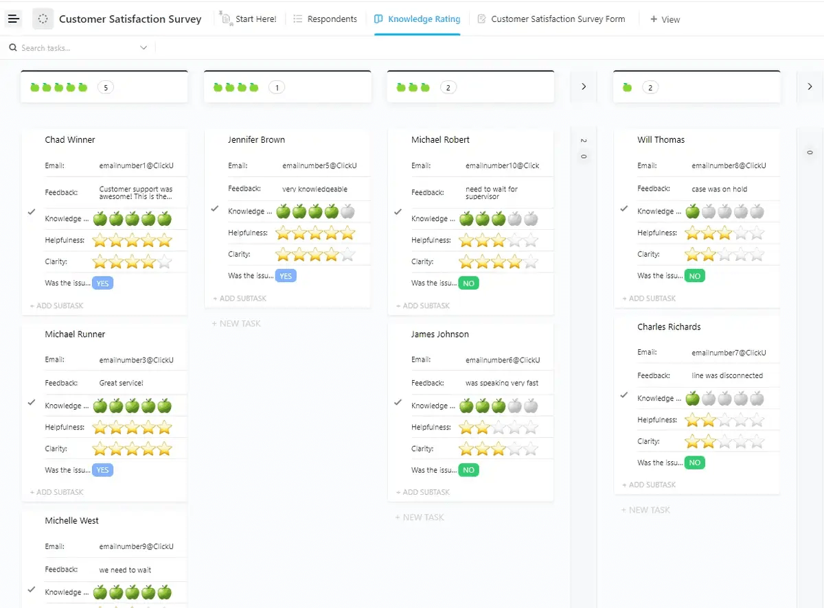 Usufruite di approfondimenti sui clienti con il modello di sondaggio sulla soddisfazione dei clienti di ClickUp