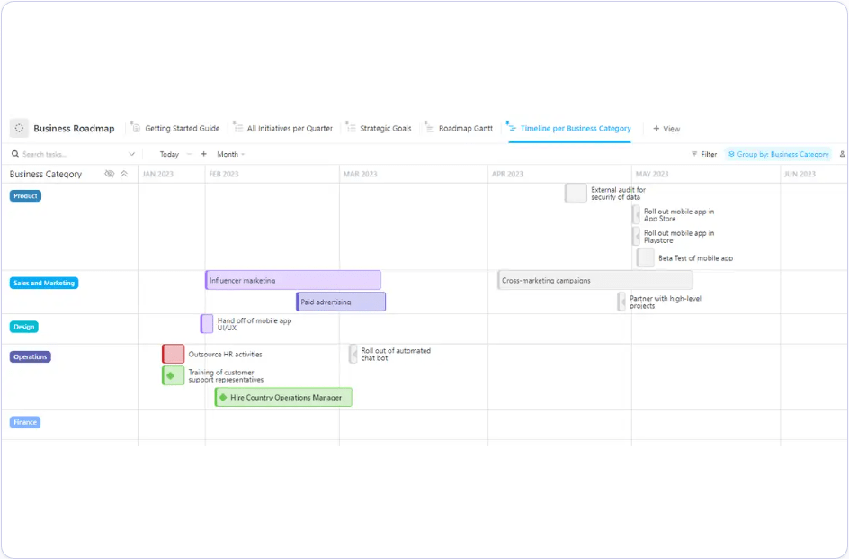 Create a visual representation of your business strategy using the ClickUp Business Roadmap Template