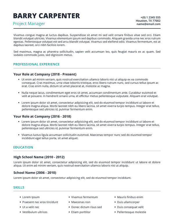 Modelo de currículo simples de gerente de projeto ATS