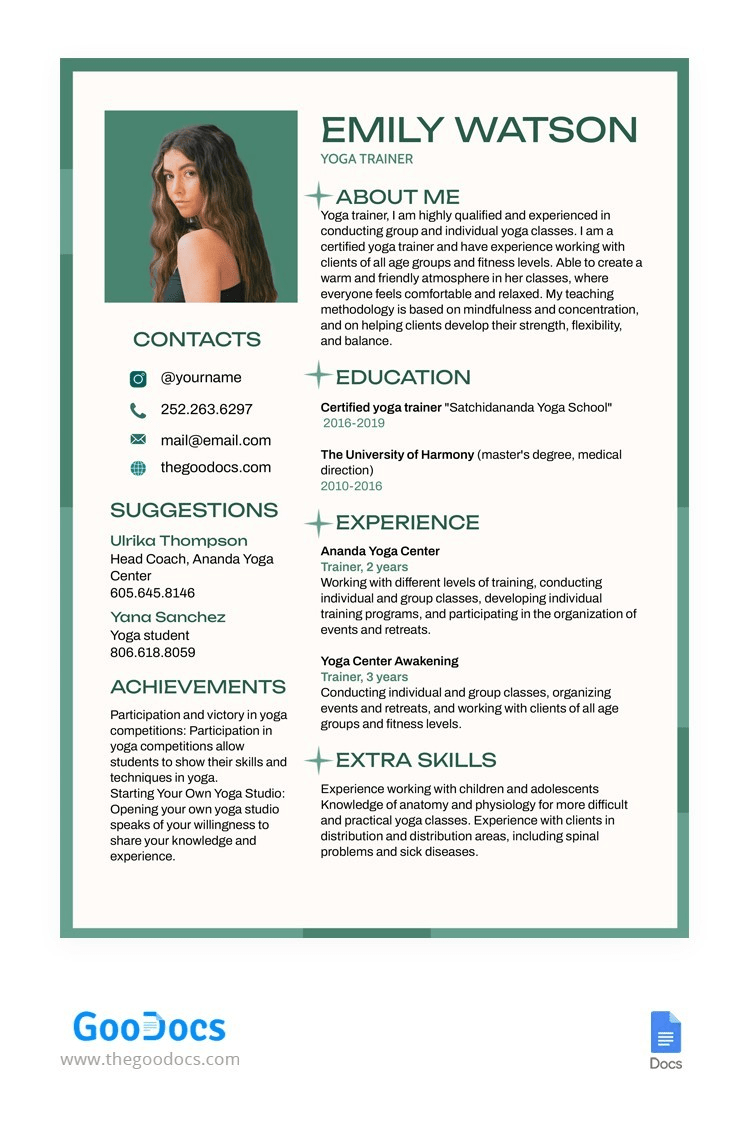 Yoga Trainer Resume Template 