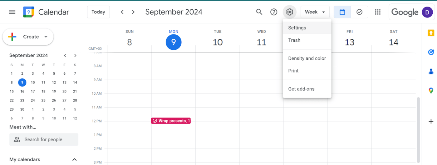 Menu de configurações no Calendar