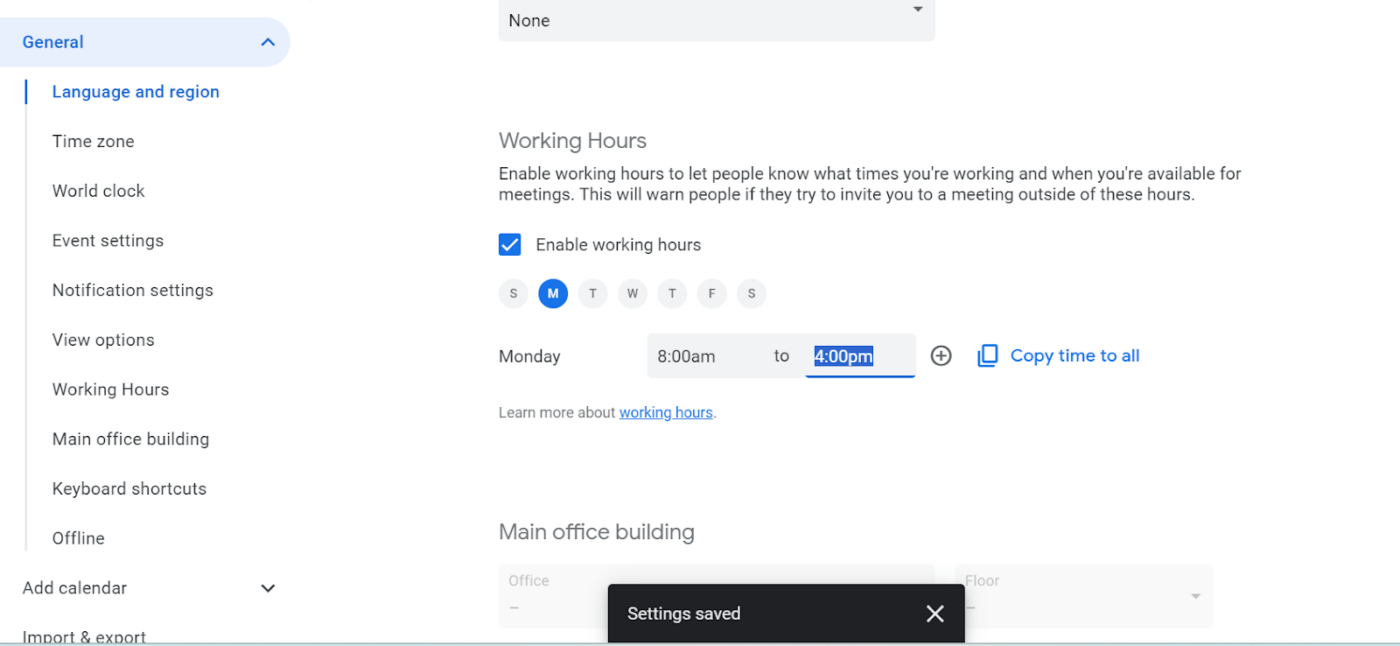 Enable Working hours 