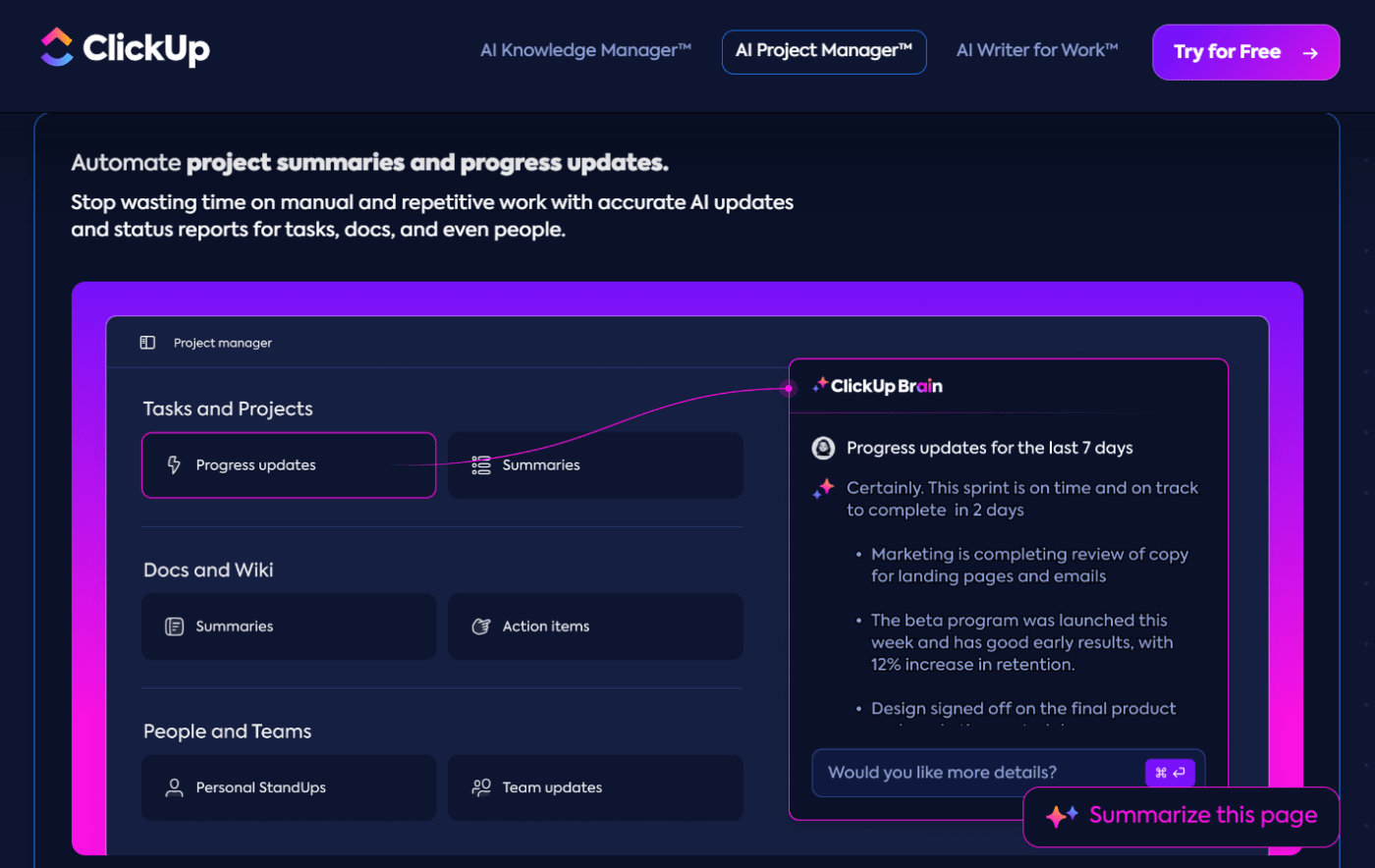 Gerente de projetos de IA do ClickUp Brain