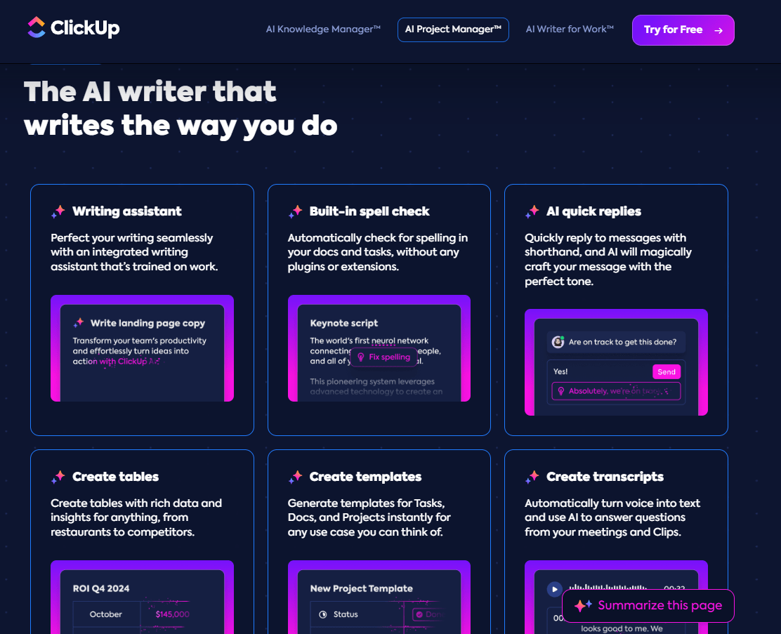 ClickUp Brain’s AI Writer for Work