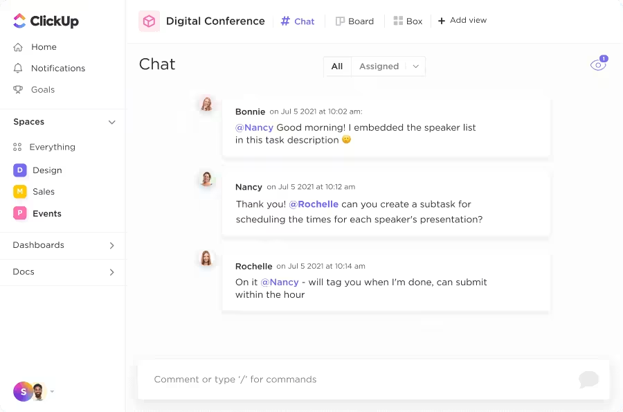 Rationalisieren Sie den Workflow mit ClickUp Chat, einer der besten Chat-Plattformen für Teams