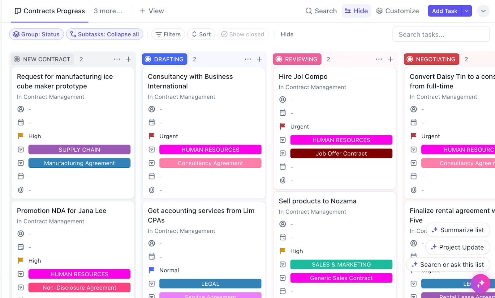 Ermöglichen Sie Ihrem juristischen Team den Empfang von Vertragsanfragen und die Nachverfolgung des Vertragsfortschritts mit dem ClickUp Formular für Vertragsanfragen