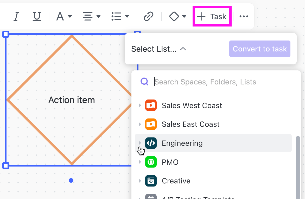 Alternativa à raia do Visio: Atribua tarefas no ClickUp Whiteboard