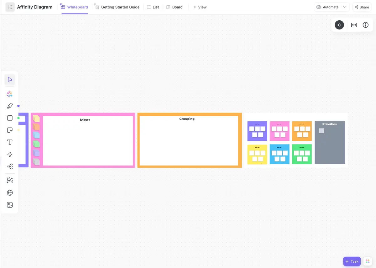 ClickUpの親和図テンプレートで、アイデアを収集し、類似したものをグループ化し、パターンを特定し、意思決定を合理化しましょう。