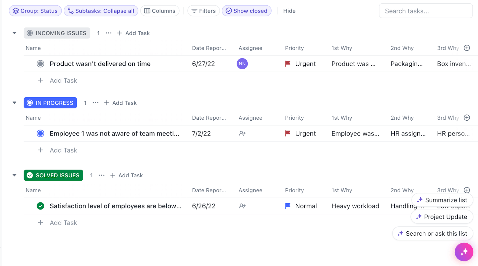 Remontez à l'incident initial qui a abouti à votre résultat actuel en utilisant le modèle d'analyse des causes profondes de ClickUp