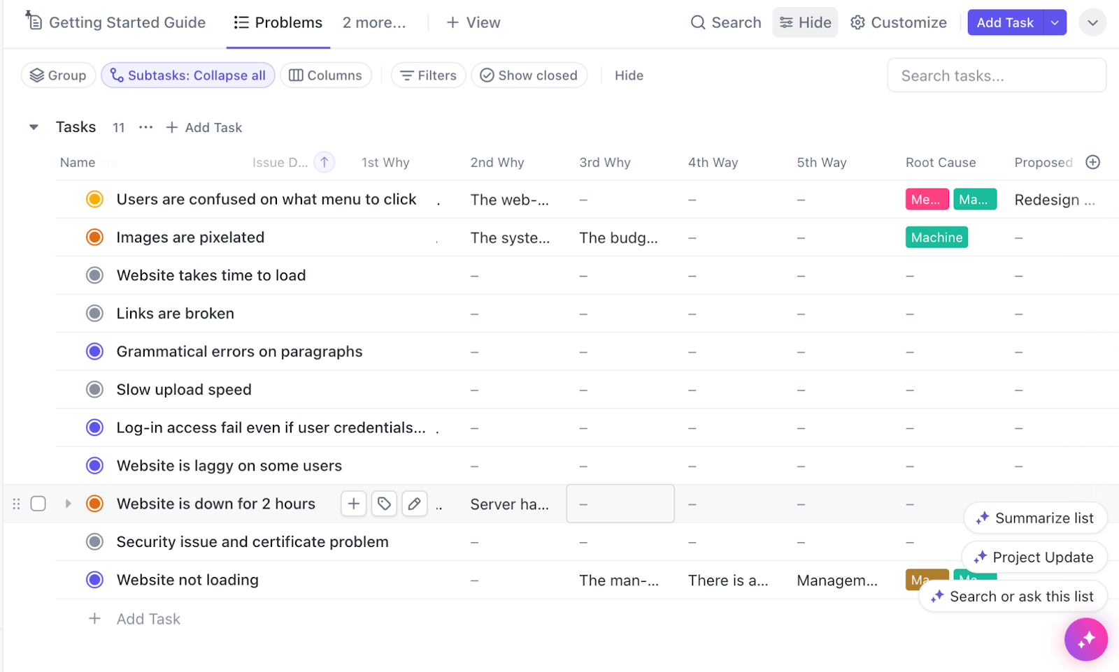 Lacak status dan akar penyebab semua bug dan masalah Anda dengan Templat Analisis Akar Penyebab TI ClickUp