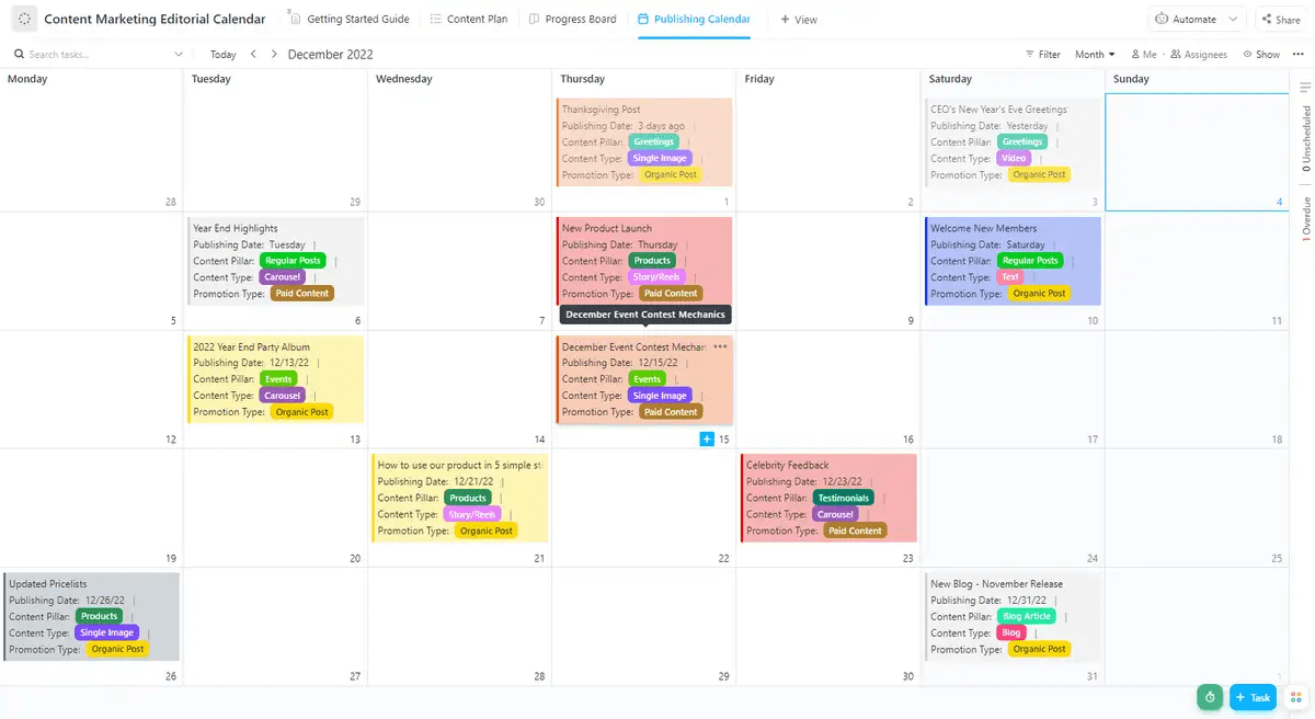 ClickUp Content Marketing Editorial Calendar Template（クリックアップ・コンテンツマーケティング・エディトリアルカレンダー・テンプレート）を使って、1つのカレンダービューでコンテンツ制作を追跡しましょう。