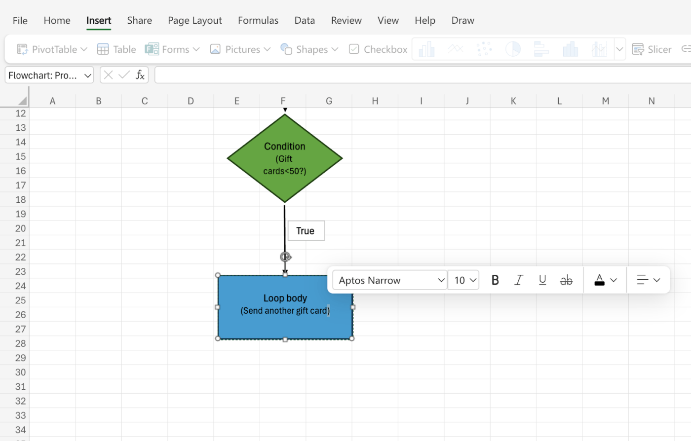 Corpo do loop no Excel