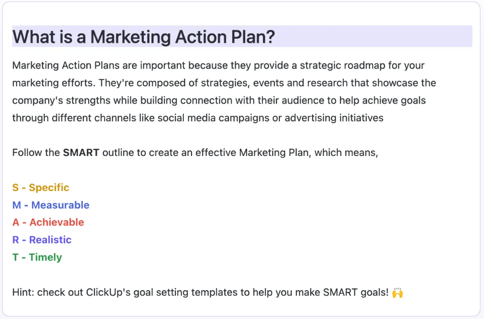 Comece a traçar o roteiro de sua campanha de marketing usando o modelo de plano de ação de marketing do ClickUp