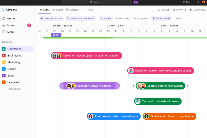 ClickUp Gráficos de Gantt para ver cronogramas y visualizar cómo se interrelacionan agile y devops