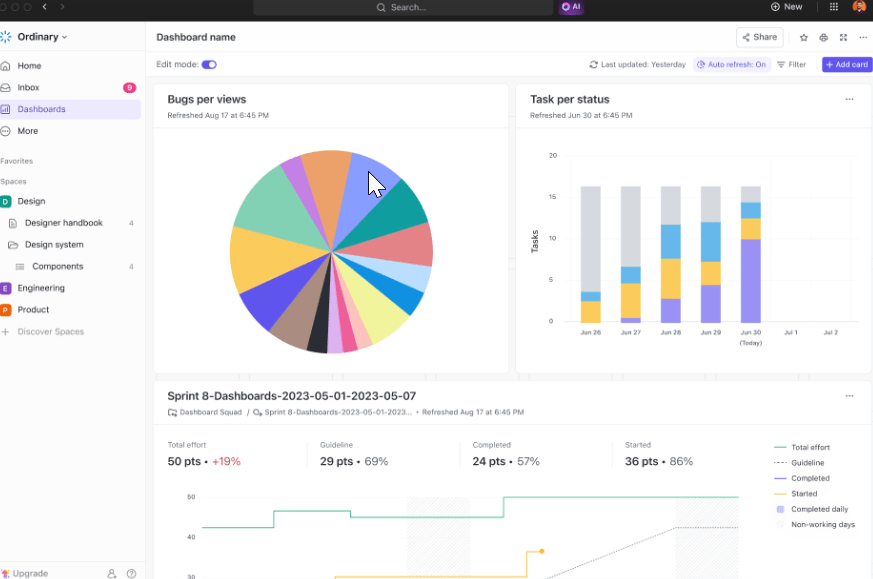 ClickUp Dashboard para visualizar cómo se interrelacionan agile y devops