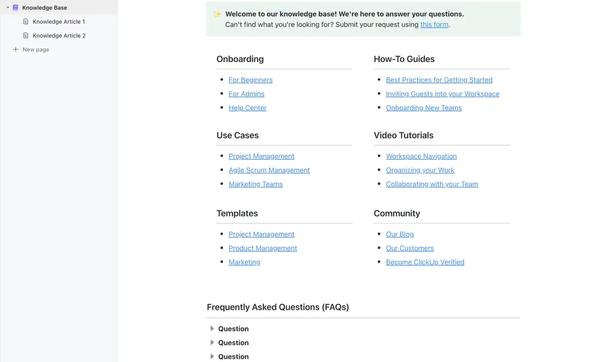 Centralize your team's knowledge management with the ClickUp Knowledge Base Template