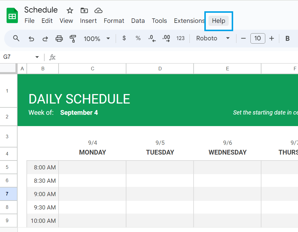 Menu d'aide dans Google Sheets