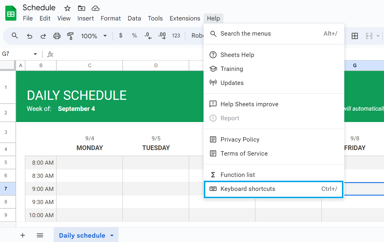 Raccourcis clavier dans Google Sheets