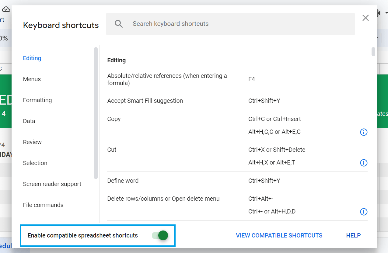 Bouton "Raccourcis compatibles avec les feuilles de calcul" dans Google Sheets