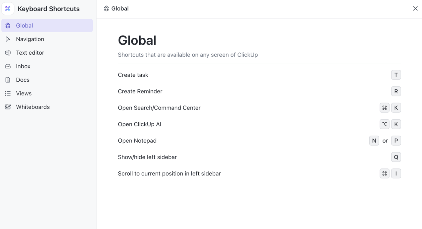 ClickUp keyboard shortcuts